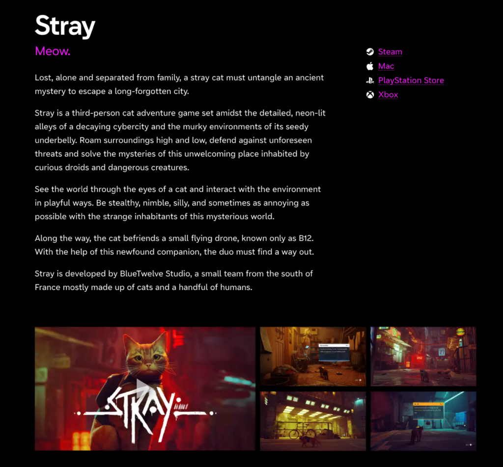 Stray description page with call to action buttons for Steam, Mac, PlayStation Store, Xbox